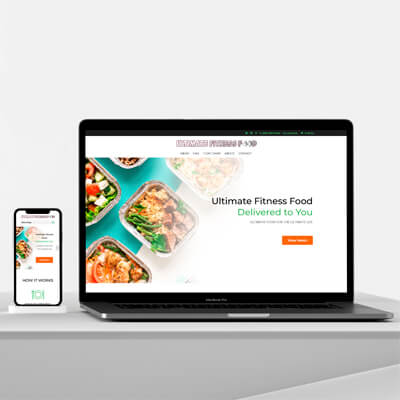 iPhone X and Macbook Pro showing a website demo of ultimatefitnessfood